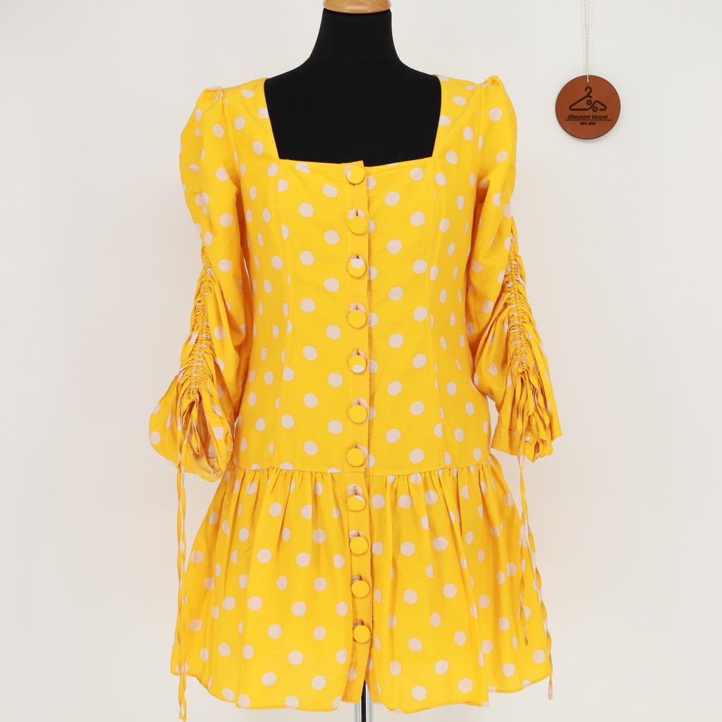 Nicholas Polla Dot Yellow & White Ruched Sleeve Button Front Dress Size 6